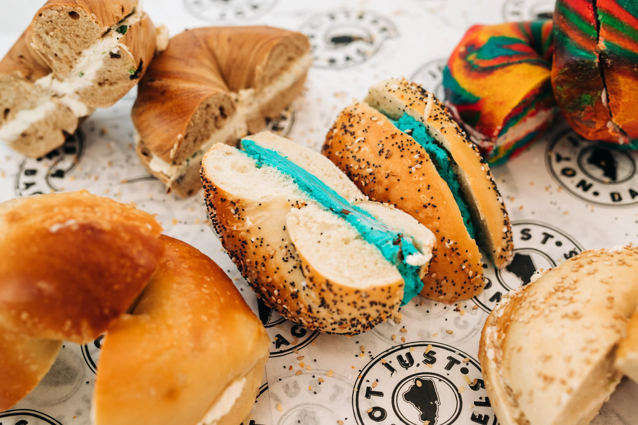 A colorful assortment of fresh Not Just Bagels bagels